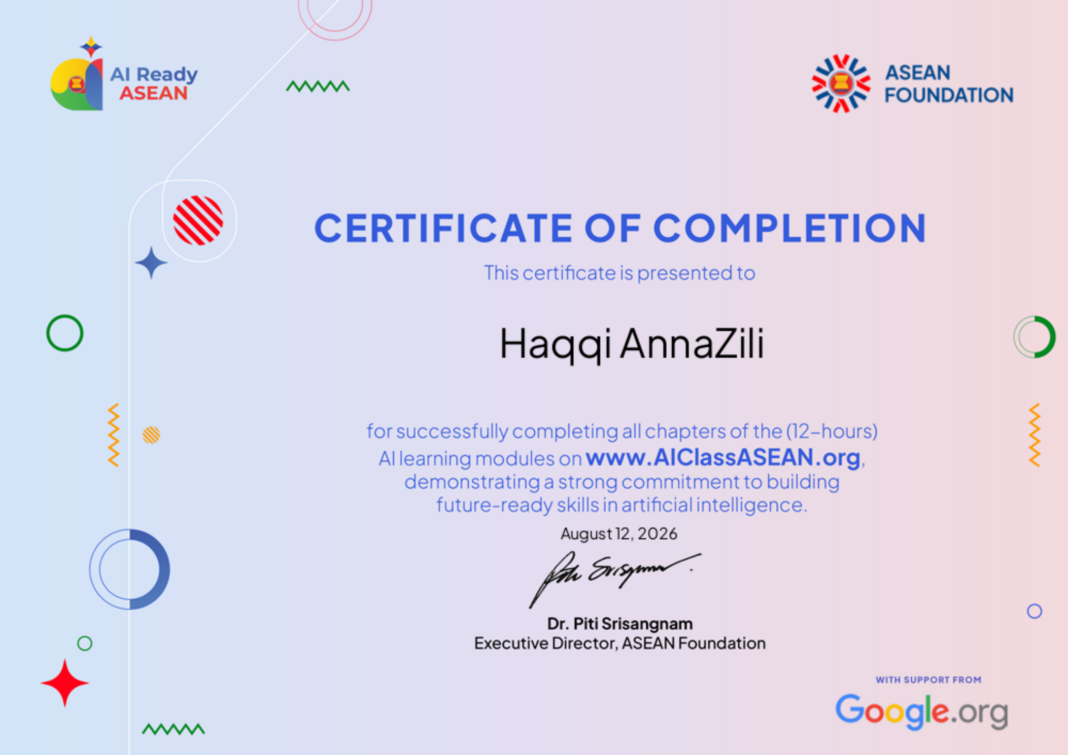 Sertifikat AI Ready ASEAN - AI Learning Modules for Youth milik Haqqi AnnaZili