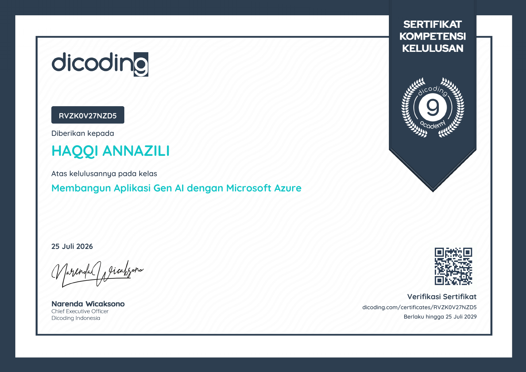 Sertifikat Membangun Aplikasi Gen AI dengan Microsoft Azure milik Haqqi AnnaZili