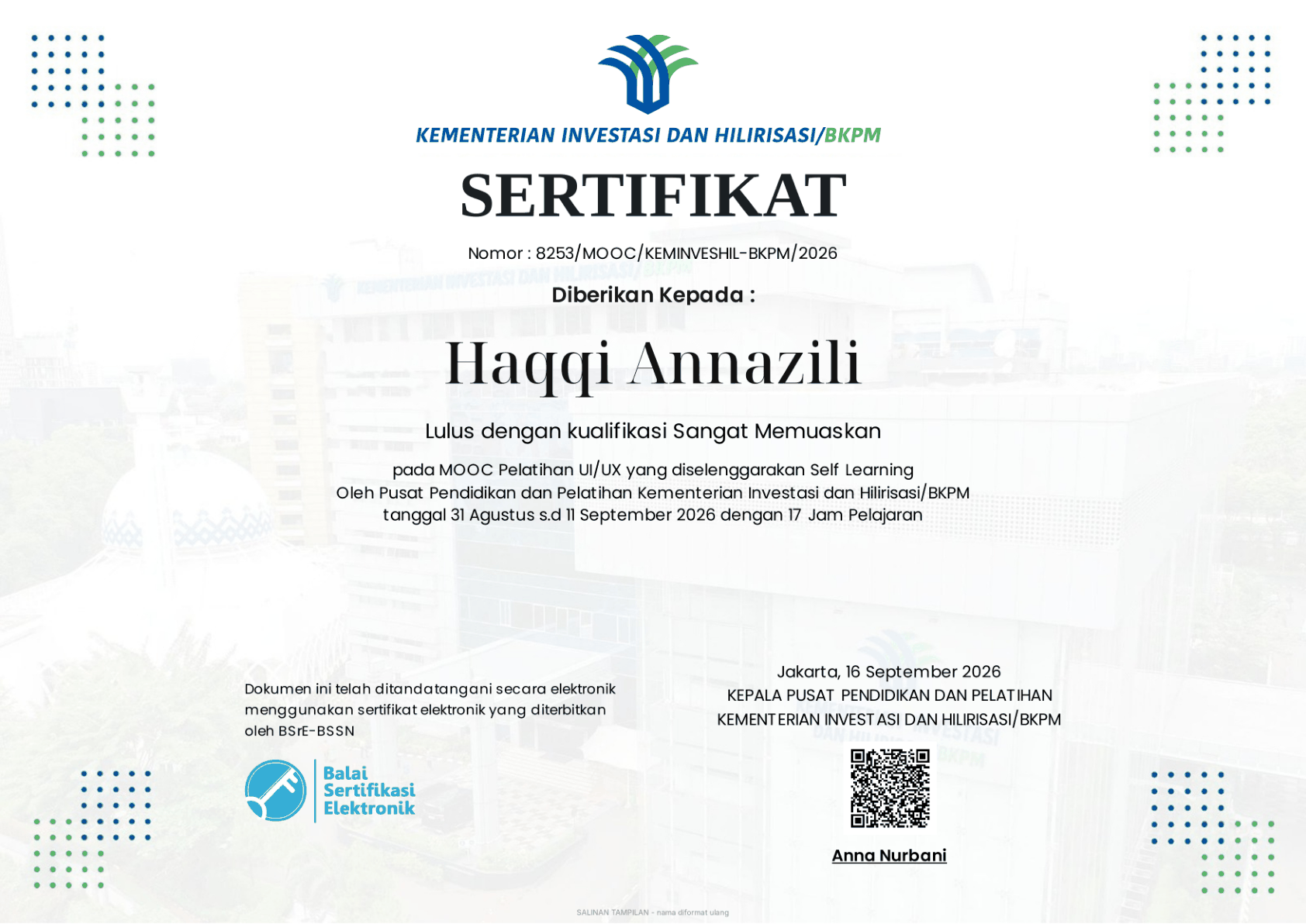 Sertifikat MOOC Pelatihan UI/UX - Self Learning milik Haqqi AnnaZili