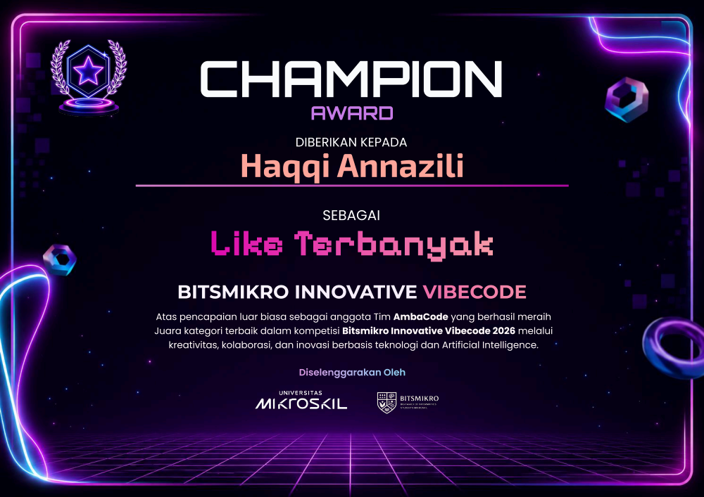 Sertifikat Champion Award - Bitsmikro Innovative Vibecode 2026 milik Haqqi AnnaZili