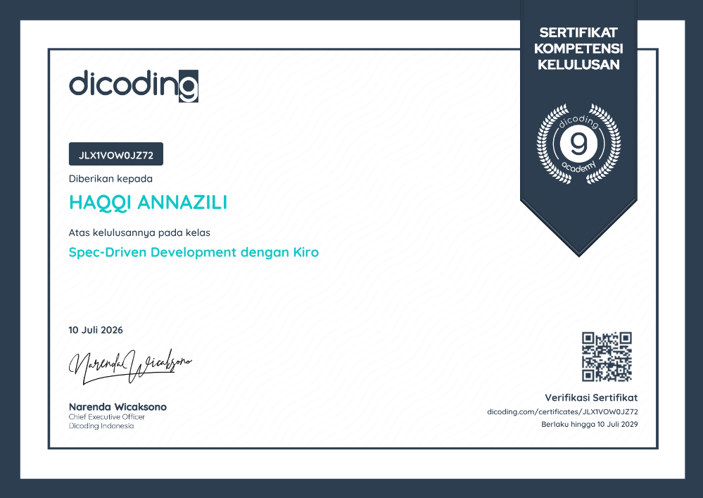Sertifikat Spec-Driven Development dengan Kiro milik Haqqi AnnaZili